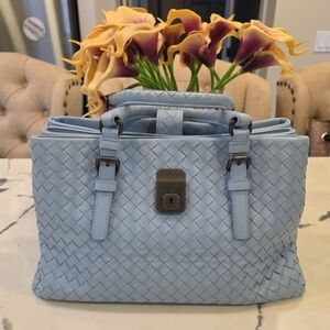 Authentic Pre Love Bottega Woven Leather Satchel Bag - Light Blue